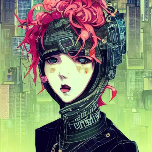 Image similar to very very high - angle, a grungy cyberpunk anime, very cute, by super ss, cyberpunk fashion, curly pink hair, night sky by wlop, james jean, victo ngai, highly detailed