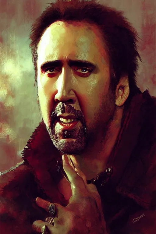 Prompt: nicolas cage portrait dnd, painting by gaston bussiere, craig mullins, greg rutkowski, yoji shinkawa