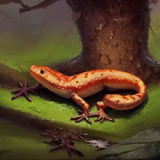 Prompt: Cute adorable sweet marshmallow salamander crawling from a cacao swamp, oil painting, by Greg Rutkowski