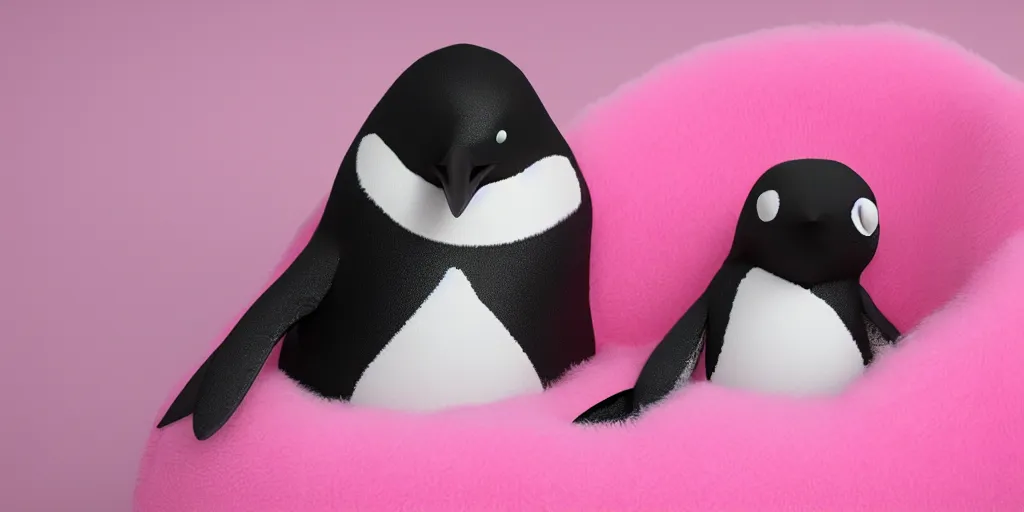 Image similar to cute realistic penguin sitting in an pink fluffy bed, unreal 5