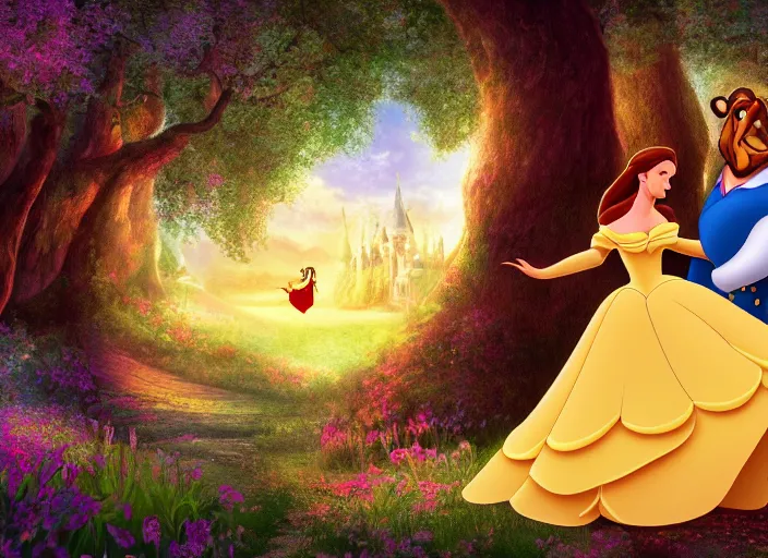 Image similar to digital art of beauty and the beast in the magical forest 4k