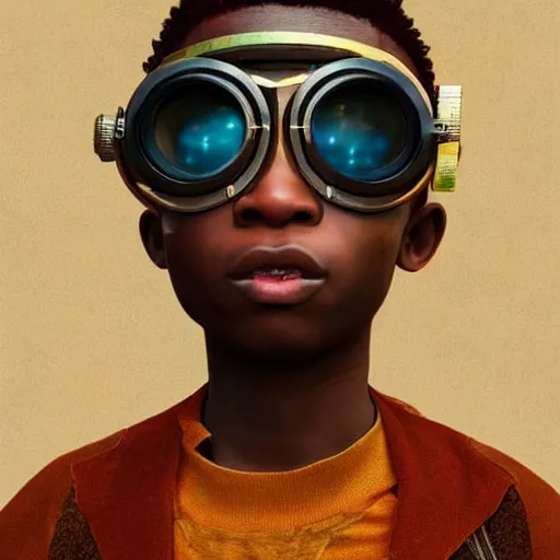 Image similar to colourful vfx art of a nigerian boy wearing steam punk goggles, art by utagawa kunisada & james jean, volumetric light, ray tracing, unreal engine, octane 3 d render, sharp, detailed, digital painting, illustration, highly detailed, intricate detail, pinterest, behance, art station,