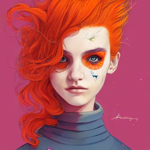 Image similar to portrait painting of a teenage girl with swept back wild orange hair, fashionable, windy, face paint, sharp focus, award - winning, trending on artstation, masterpiece, highly detailed, intricate. art by josan gonzales and moebius and deathburger