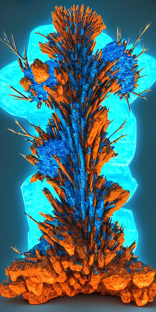 Image similar to 3 d photographic render of a deconstructed blue torii mandelbulb sculpture, orange bioluminescent chrometype, made of liquid metal, neotribal with thorns and green thunders, cyberpunk japanese temple, raytraced, hyper realistic, volumetric lightning, 8 k, by zhelong xu, ouchh and and innate studio