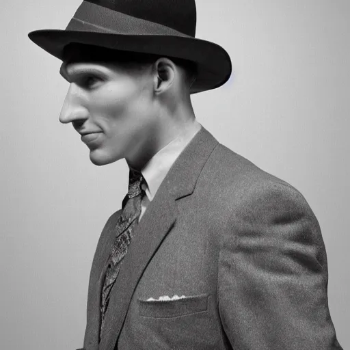 Image similar to A photograph portrait of Jerma985 wearing a suit with and fedora in the 1950s, taken in the early 1950s, grainy, taken on a 1950s Kodak Camera, realistic, hyperrealistic, very realistic, highly detailed, very detailed, extremely detailed, detailed, digital art, trending on artstation