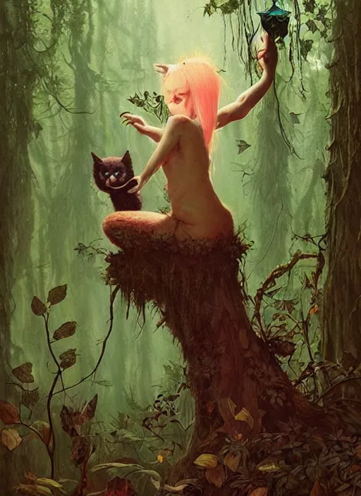 Image similar to a hyper realistic cat witch fairy in the woods gorgeous lighting, lush forest foliage painting by chiara bautista and beksinski and norman rockwell and greg rutkowski weta studio, and lucasfilm
