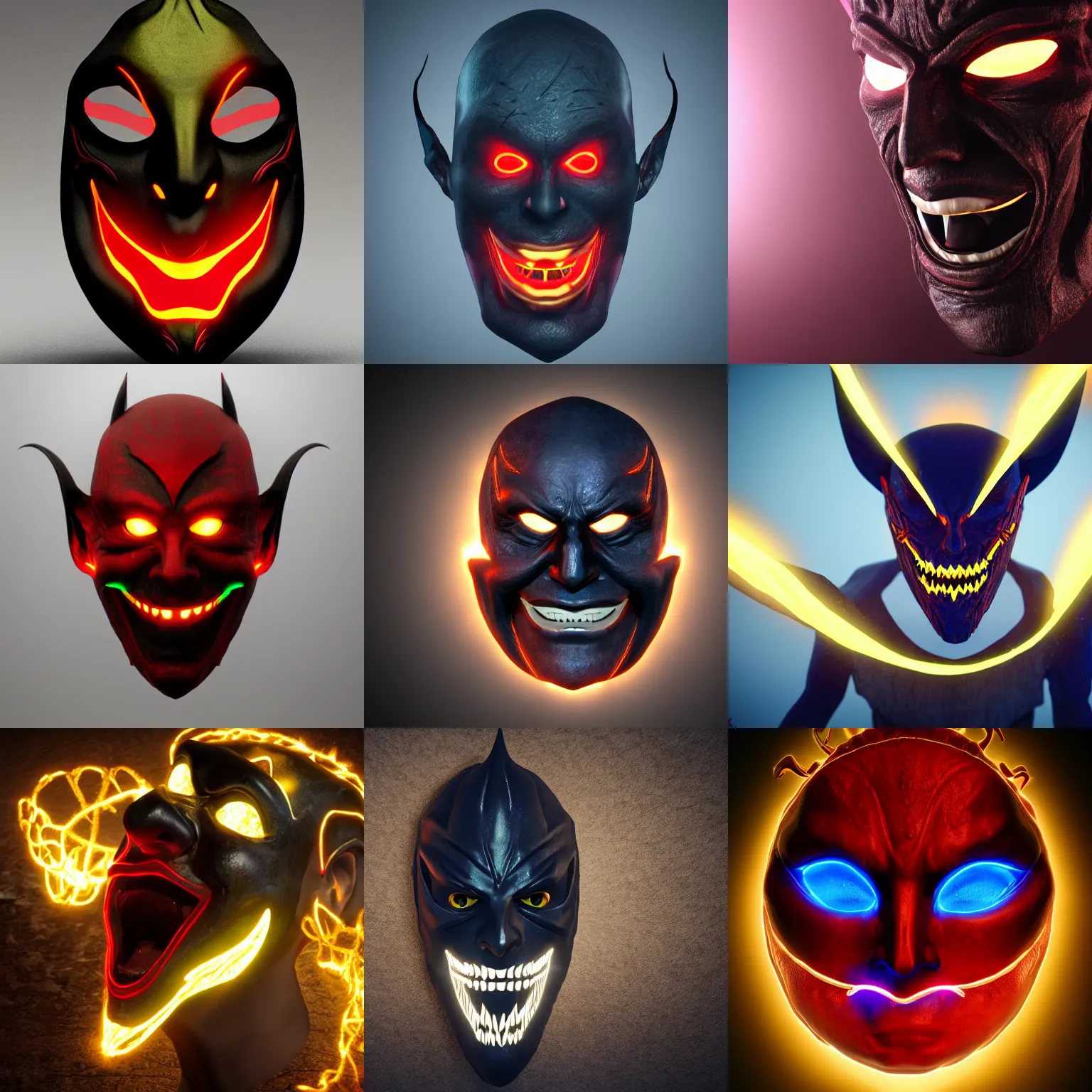 Prompt: dark magic grinning evil mischievous glowing revenge mask 8 k render cinematic angle epic composition