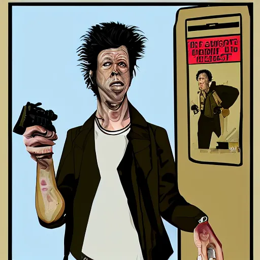 Prompt: tom waits in the style of Grand Theft Auto, by Stephen Bliss