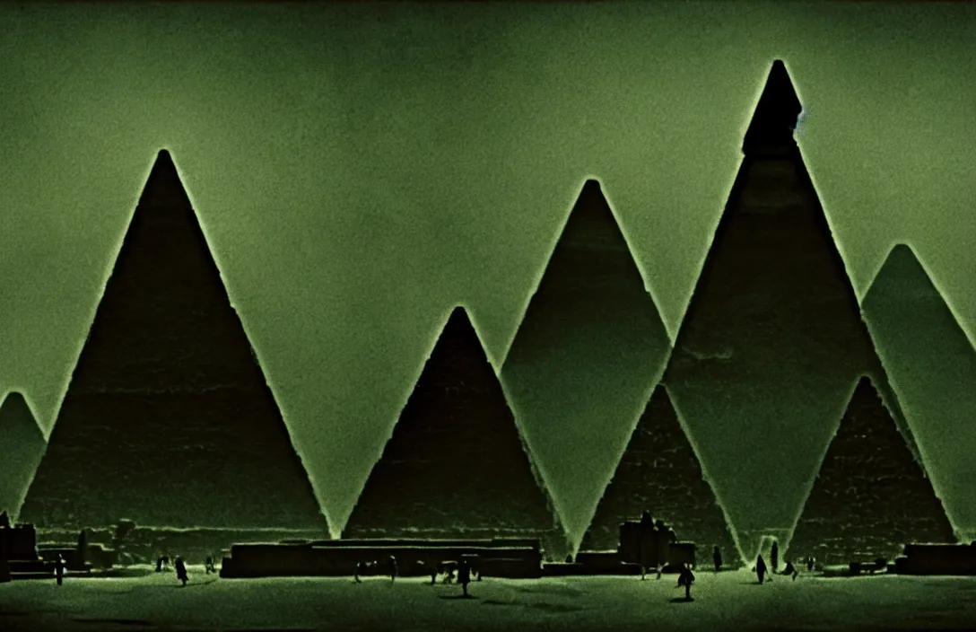 Image similar to result is a sophisticated interplay between warm, cool, light and dark colors. the pyramid of figures is drawn together intact flawless ambrotype from 4 k criterion collection remastered cinematography gory horror film, ominous lighting, evil theme wow photo realistic postprocessing divisionism emerging from lush greenery queen of heaven building by frank lloyd wright