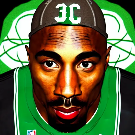 Image similar to portrait of tupac shakur, boston celtics jersey number 3 4, green, white, cartoon digital art, oil on canvas, trending on artstation, octane render