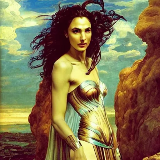 Image similar to Full body oil painting of the beautiful woman Gal Gadot, she is wearing some withe ancient roman cloths and a surreal ornate, her hair is natural disheveled, she is approaching heaven, people are claiming for her, she is attracting lightnings, naturalism, dramatic lighting, high-detailed oil painting by Ilya Repin, Michelangelo da Caravaggio, William Blake, Alex Grey and Beksinski, trending on Artsatio, hystorical painting, masterpiece, 4k, 8k,