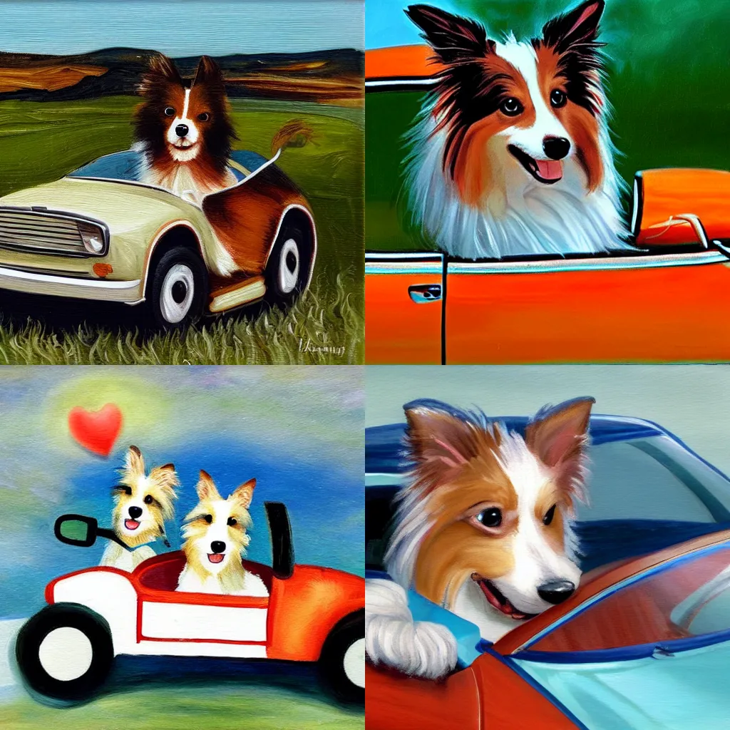 Prompt: a sheltie driving a toy car, romantic painting