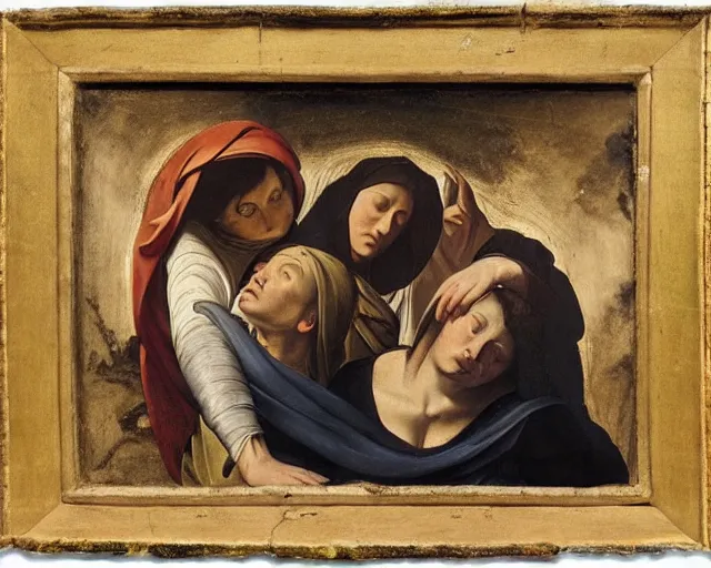 Prompt: 1 7 th century painting of 3 women mourning at the tomb of jesus, fibonacci, 2 angels pointing to the tomb, dramatic light, caravaggio, rubens