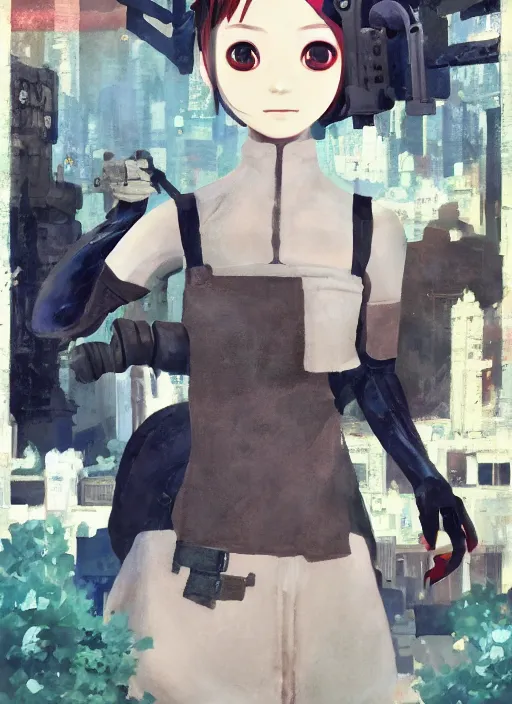 Image similar to a gouache painting in the style of nier automata, by hikari shimoda, ilya kuvshinov, yoshitaka amano, by shaun tan, by good smile company, a detailed 3 d render of audrey hepburn as an android, portrait, cgsociety, artstation, a modular costume and headpiece, action adventure scene