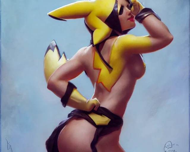 Prompt: woman in a costume of pikachu, photo by gaston bussiere, craig mullins, j. c. leyendecker