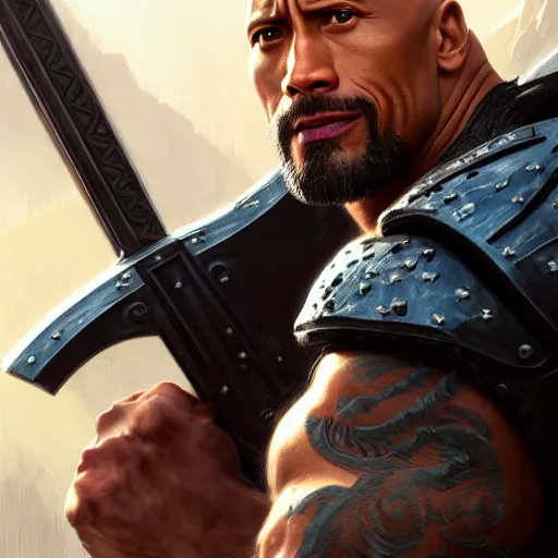 Image similar to Dwayne Johnson as Cloud Strife, western, D&D, fantasy, intricate, elegant, highly detailed, digital painting, artstation, concept art, matte, sharp focus, illustration, art by Artgerm and Greg Rutkowski and Alphonse Mucha