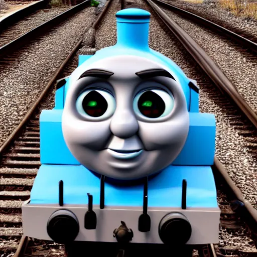 Image similar to the most smug, insane, evil, satanic looking Thomas the tank, ultra realistic 4k rendered in redshift