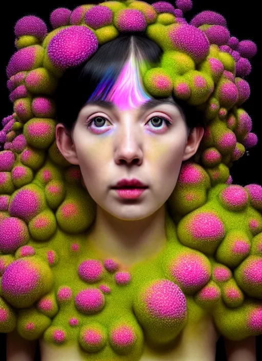 Image similar to hyper detailed 3d render like a Oil painting - kawaii portrait Aurora (black haired Fae) seen Eating of the Strangling network of yellowcake aerochrome and milky Fruit and Her delicate Hands hold of gossamer polyp blossoms bring iridescent fungal flowers whose spores black the foolish stars by Jacek Yerka, Mariusz Lewandowski, Houdini algorithmic generative render, Abstract brush strokes, Masterpiece, Edward Hopper and James Gilleard, Zdzislaw Beksinski, Mark Ryden, Wolfgang Lettl, hints of Yayoi Kasuma, octane render, 8k