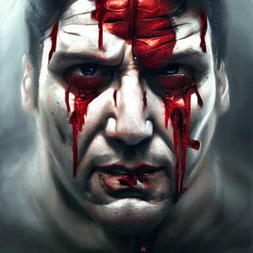 Image similar to portrait of frank castle the punisher, bloody nose, face paint, intricate, elegant, highly detailed, centered, digital painting, artstation, concept art, smooth, sharp focus, illustration, artgerm, tomasz alen kopera, peter mohrbacher