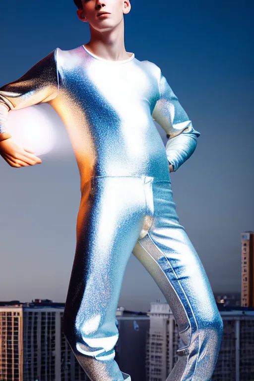 Prompt: un ultra high definition studio quality photographic art portrait of a young man standing on the rooftop of a british apartment building wearing soft baggy inflatable padded silver iridescent pearlescent clothing. three point light. extremely detailed. golden ratio, ray tracing, volumetric light, shallow depth of field. set dressed.