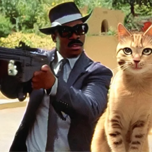 Image similar to a still of the cats gunfighting from the buddy cop movie beverly hills cat 2, with eddie murphy