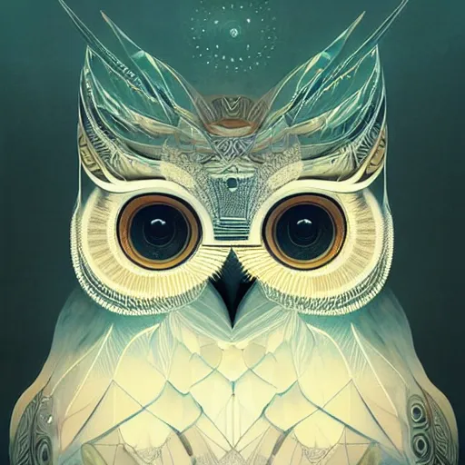 Image similar to portrait of a geometric owl, identical eyes, medium shot, illustration, full body made of white feathers, symmetrical, art stand, super detailed, cinematic lighting, and its detailed and intricate, gorgeous, by peter mohrbacher