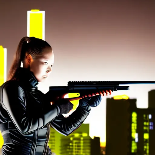 Image similar to photographic portrait of a techwear woman holding a shotgun, holding shotgun down, closeup, on the rooftop of a futuristic city at night, sigma 85mm f/1.4, 4k, depth of field, high resolution, full color, award winning photography, Kill Bill, John Wick, Die Hard, movies with guns, movie firearms