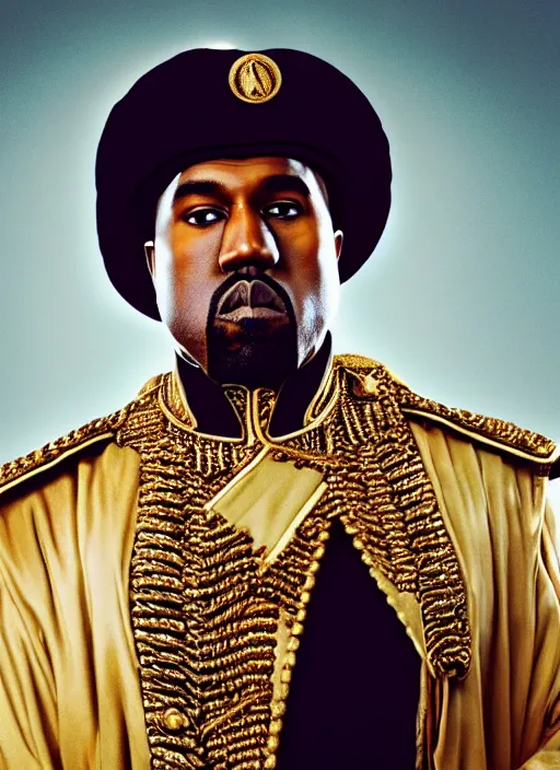 Image similar to kanye west as muammar kadhafi and emperor napoleon, splash art, movie still, detailed face, cinematic lighting, dramatic, octane render, long lens, shallow depth of field, bokeh, anamorphic lens flare, 8 k, hyper detailed, 3 5 mm film grain