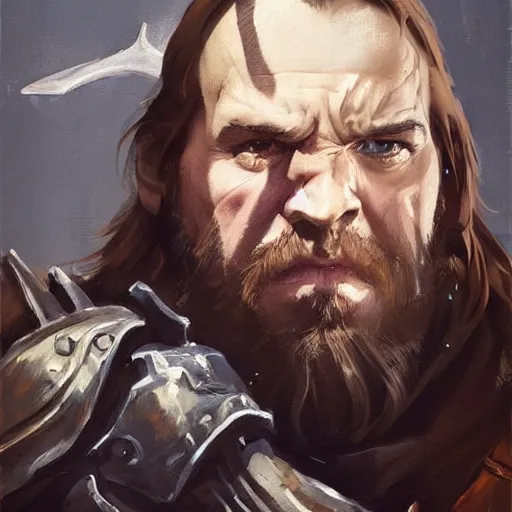 Image similar to greg manchess portrait painting of the hound from game of thrones holding a skull as overwatch character, medium shot, asymmetrical, profile picture, organic painting, foggy day, matte painting, bold shapes, hard edges, street art, trending on artstation, by huang guangjian and gil elvgren and sachin teng