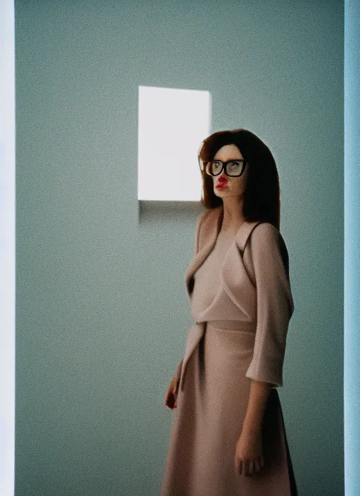 Prompt: a fashion portrait photograph of a woman wearing big glasses designed by james turrell, 3 5 mm, color film camera,