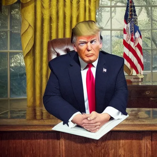 Image similar to donald trump, desk, orc, portrait,