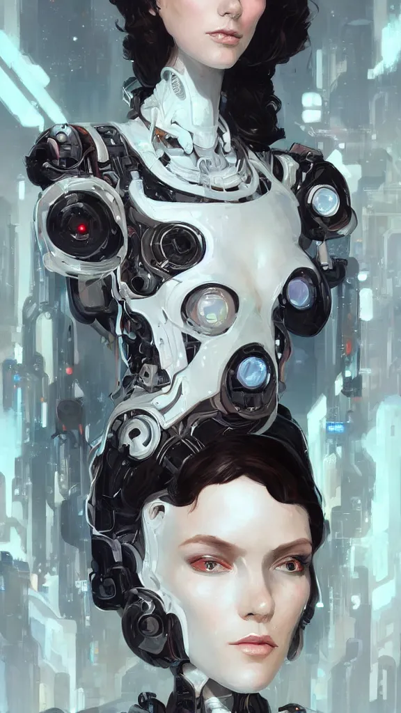 Image similar to a portrait of brunette tall girl as a beautiful cybernetic techno queen, white woman, cyberpunk concept art by pete mohrbacher and wlop and artgerm josan gonzalez and syd mead, digital art, highly detailed, intricate, sci - fi, sharp focus, trending on artstation,