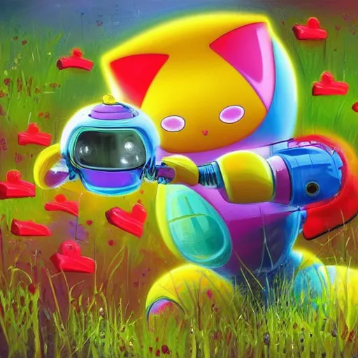 Prompt: An adorable tiny robot playing with a cat, dynamic, energetic, colourful, exciting, by Igor Zenin