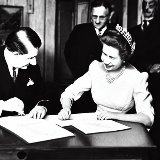 Prompt: 5 0 mm f / 2 1 9 4 6 historical photo, of a single general and a young queen elizabeth signing a peace treaty, french village interior, an!!! adorable corgi!!! watches from below, highly detailed, sharp focus, symmetrical face