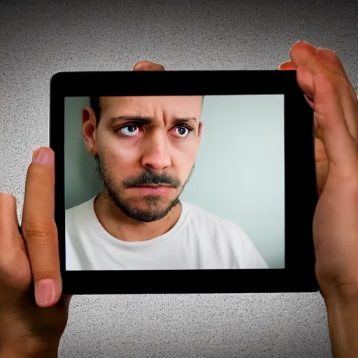 Image similar to prisoner alone in his cell setting up a video call using an ipad, photorealistic, frustrated expression, dark, restrictive firewalls