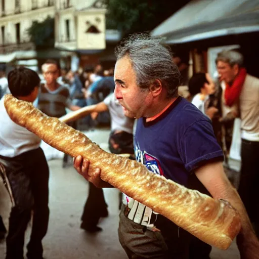 Image similar to closeup portrait of people fighting baguettes in a paris street, by Steve McCurry and David Lazar, natural light, detailed face, CANON Eos C300, ƒ1.8, 35mm, 8K, medium-format print