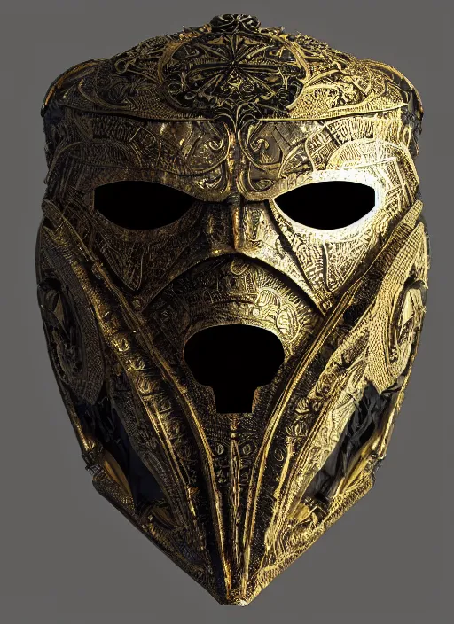 Prompt: armoured facemask, with intricate carving details in black and gold, ultra realistic, octane render, 8 k, hd, realistic lighting
