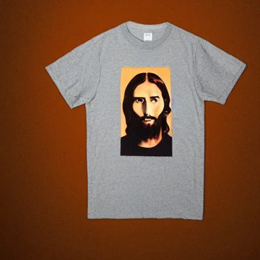 Image similar to a photo of a supreme t - shirt with an image of jesus on it, 4 k, highly detailed