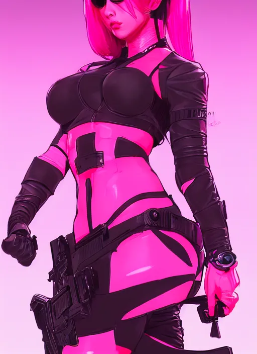 Image similar to female boss, wide angle view, neon pink and black color scheme, highly detailed, artgerm, cushart krenz, metal gear solid style, trending on artstation, soft light, sharp focus, illustration, character design, concept art
