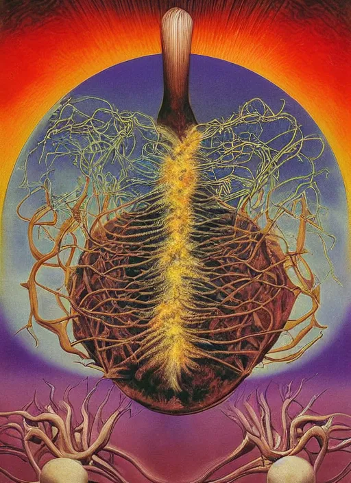 Image similar to 8 0 s new age album cover depicting a mushroom cloud in the shape of g steph curry, very peaceful mood, cardiovascular system, nervous system, oil on canvas by ernst haeckel, by frida kahlo