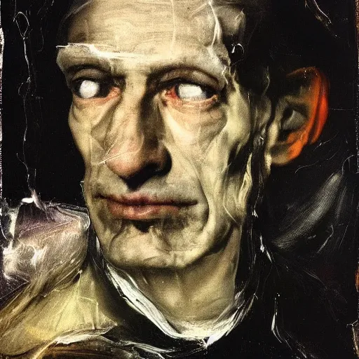 Image similar to portrait of medici emerging from the dark void, lonely figure in the darkness, soft lighting, painted by Adrian Ghenie El Greco, painted by Lucian Freud, polaroid, Renaissance, John Singer Sargant, glitch,--height 768