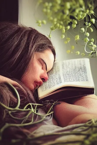 Image similar to “ very photorealistic photo of vines growing out of a woman ’ s book as she sleeps, award - winning details ”