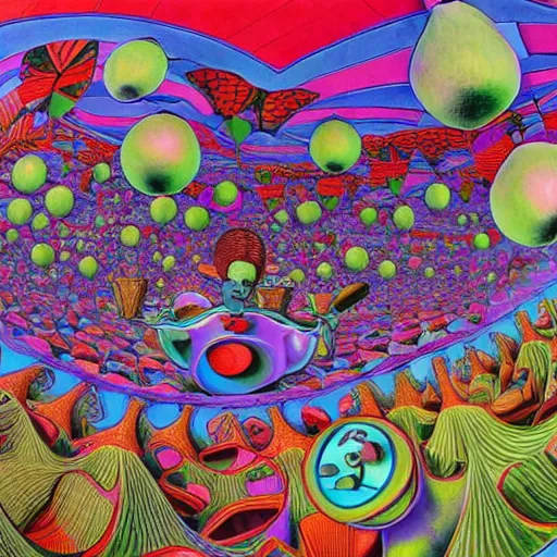 Image similar to a maddeningly colorful, psychedelic strange world of alice in wonderland by mc escher