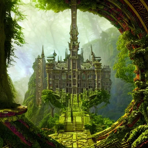 Image similar to a beautiful and highly detailed matte painting of an epic palace in a lush garden in a beautiful forest, carved celtic stone runes, psychedelic colors, intricate details, epic scale, insanely complex, hyperdetailed, artstation, cgsociety, 8 k, sharp focus, hyperrealism, by caspar friedrich, albert bierstadt, james gurney, brian froud,