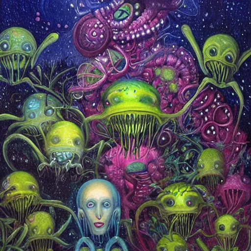 Prompt: painting of aliens in a garden at night by hannah yata and r. s. connett.