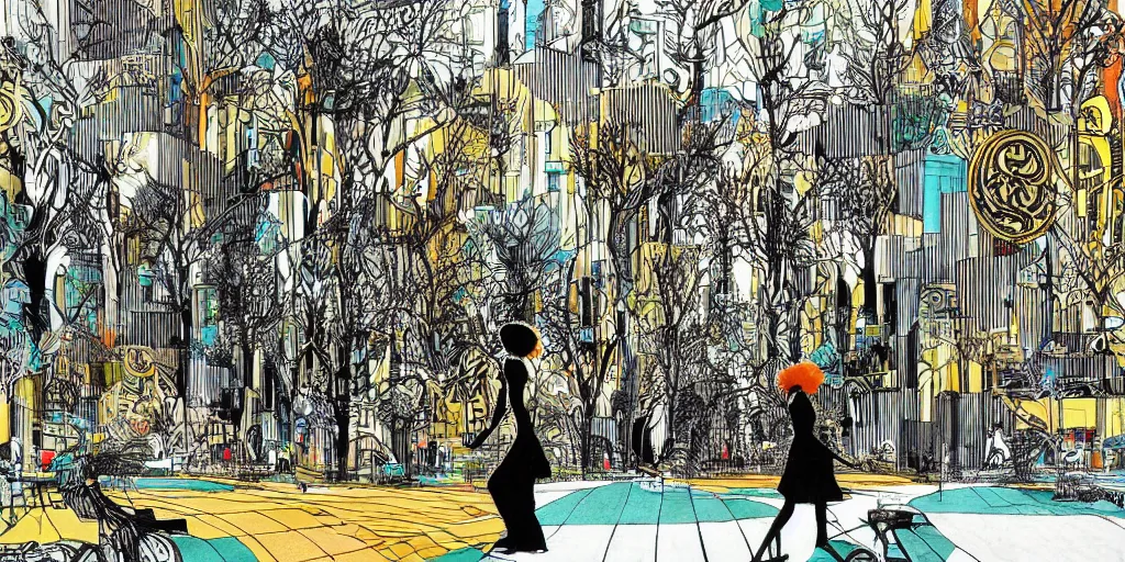 Image similar to masterpiece high contrast black, gold, teal, orange, ink drawing of woman walking in an afro futurist pedestrianized eco city block designed by by frank lloyd wright architect, plants and trees on walkways low buildings, green energy, bicycles,, bill sienkiewicz, giant agapanthus flower from buildings wide angle, insanely detailed and intricate