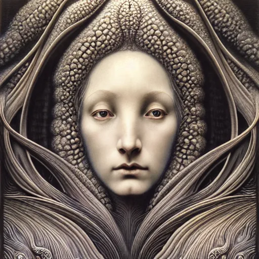 Image similar to detailed realistic beautiful moon goddess face portrait by jean delville, gustave dore, iris van herpen and marco mazzoni, art forms of nature by ernst haeckel, art nouveau, symbolist, visionary, gothic, neo - gothic, pre - raphaelite, fractal lace, intricate alien botanicals, ai biodiversity, surreality, hyperdetailed ultrasharp octane render