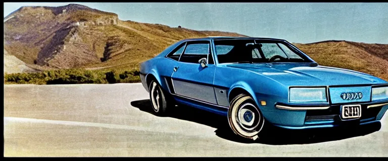 Image similar to denim blue audi camaro b 1 ( 1 9 6 7 ), 8 0 s retro poster, establishing shot