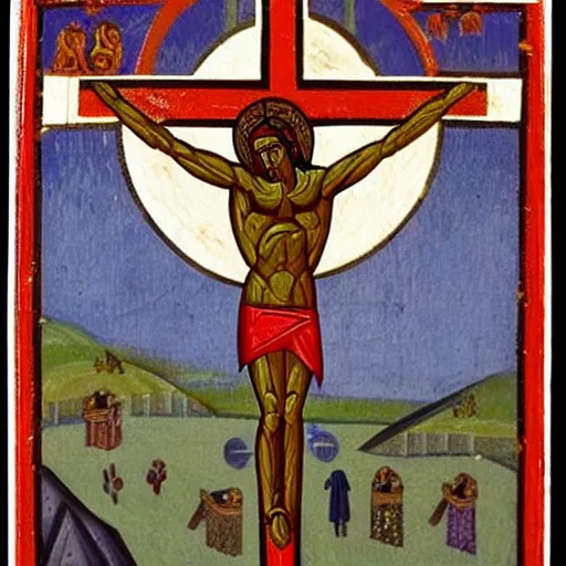 Image similar to crucified goat, orthodox icon style, occult symbols, byzantine art