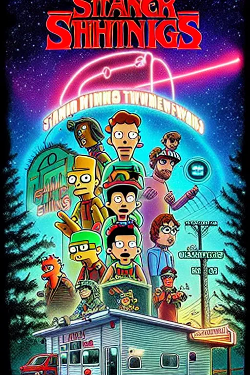 Image similar to Futurama Cast in Stranger Things poster by Matt Groening, high resolution, hyper detailed, intricate, illustrated, all cast members !n-9